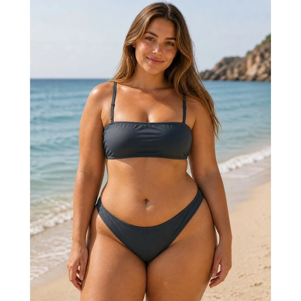 SKIMS Shaping Swim Set Bandeau Top + Dipped Bikini Bottom Gunmetal 3X